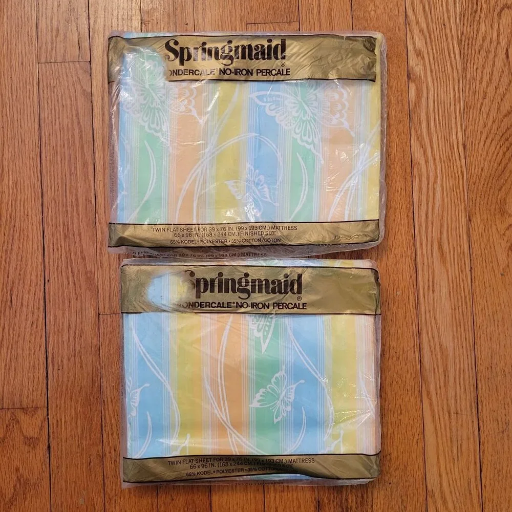 2 Vintage Springmaid No Iron Percale Twin Flat Sheets Butterfly Garden Rainbow